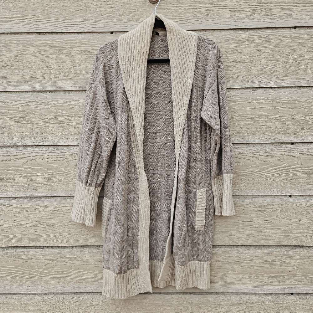 Weekend Max Mara tan long line cardigan with cream trim wool blend large